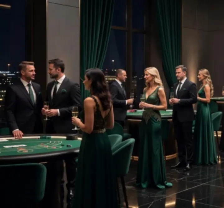 Elegáns kaszinó hangulatú esti rendezvény asztalokkal és vendégekkel